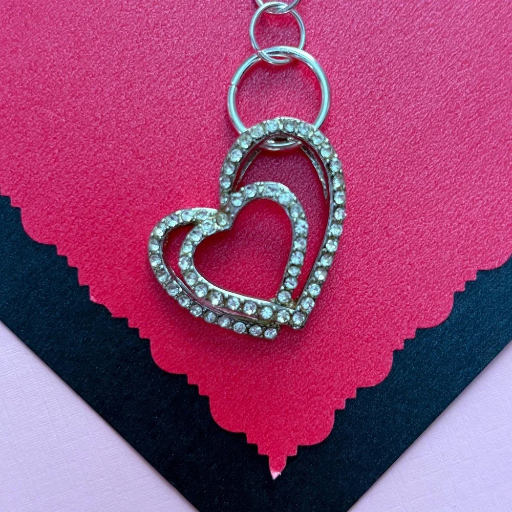 Vintage Rhinestone Double Heart Purse and‎ Bag Charm Keychain Accessory